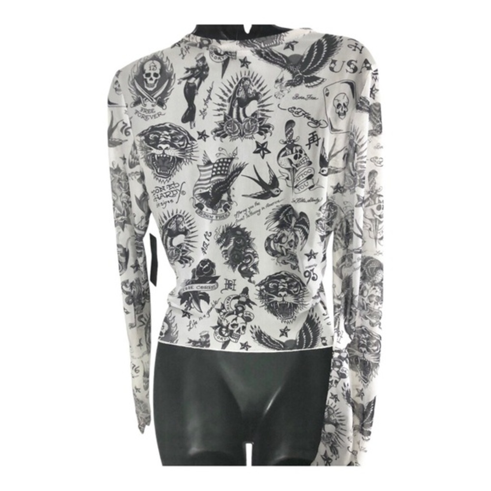 Ed Hardy white iconic Ed Hardy designs printed long‎ sleeve sheer top size large - Picture 13 of 14